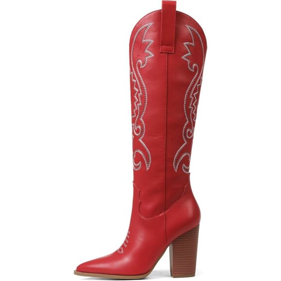 Shoes - Women's Red Embroidered Wide Calf Chunky Knee High Heels Western Boots